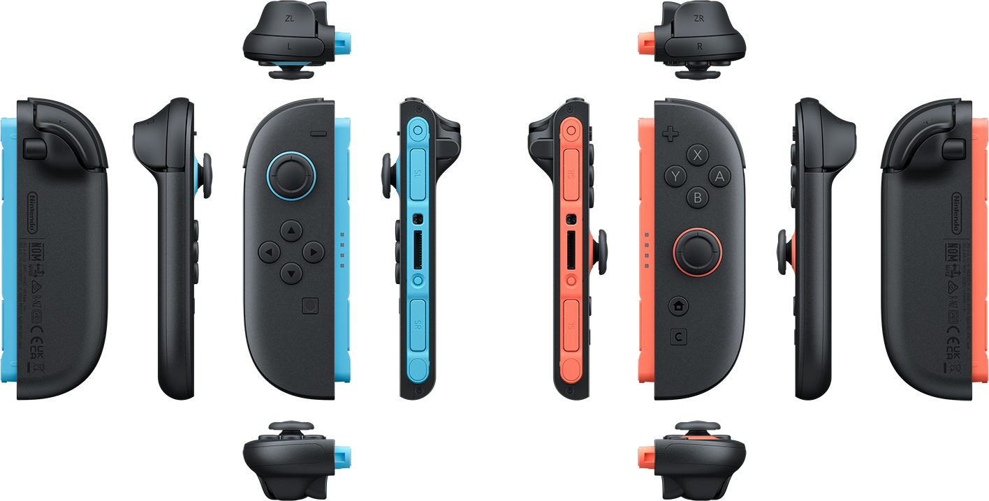 A Joy-Con vezérlők különböző nézetei, kék és piros, gombokkal és oldalak.