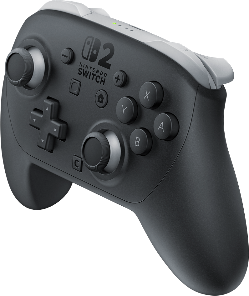 Fekete Nintendo Switch Pro Controller szürke részletekkel és gombokkal, enyhén oldalról nézve.