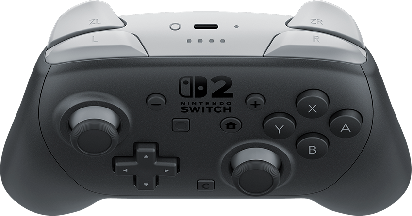 Fekete Nintendo Switch Pro Controller szürke gombokkal és részletekkel, felülről nézve.