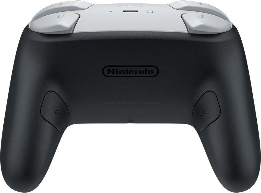 Fekete Nintendo Switch Pro Controller hátulja szürke markolatokkal, Nintendo logóval.