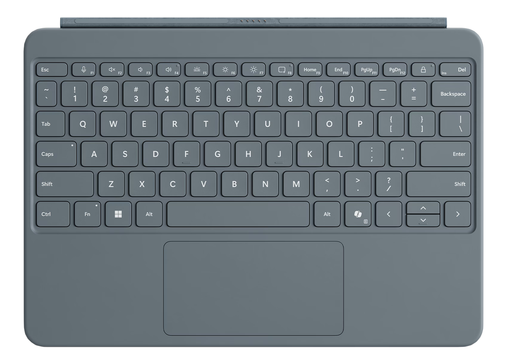 Clavier gris clair avec pavé tactile et touches de fonction, vue de dessus.