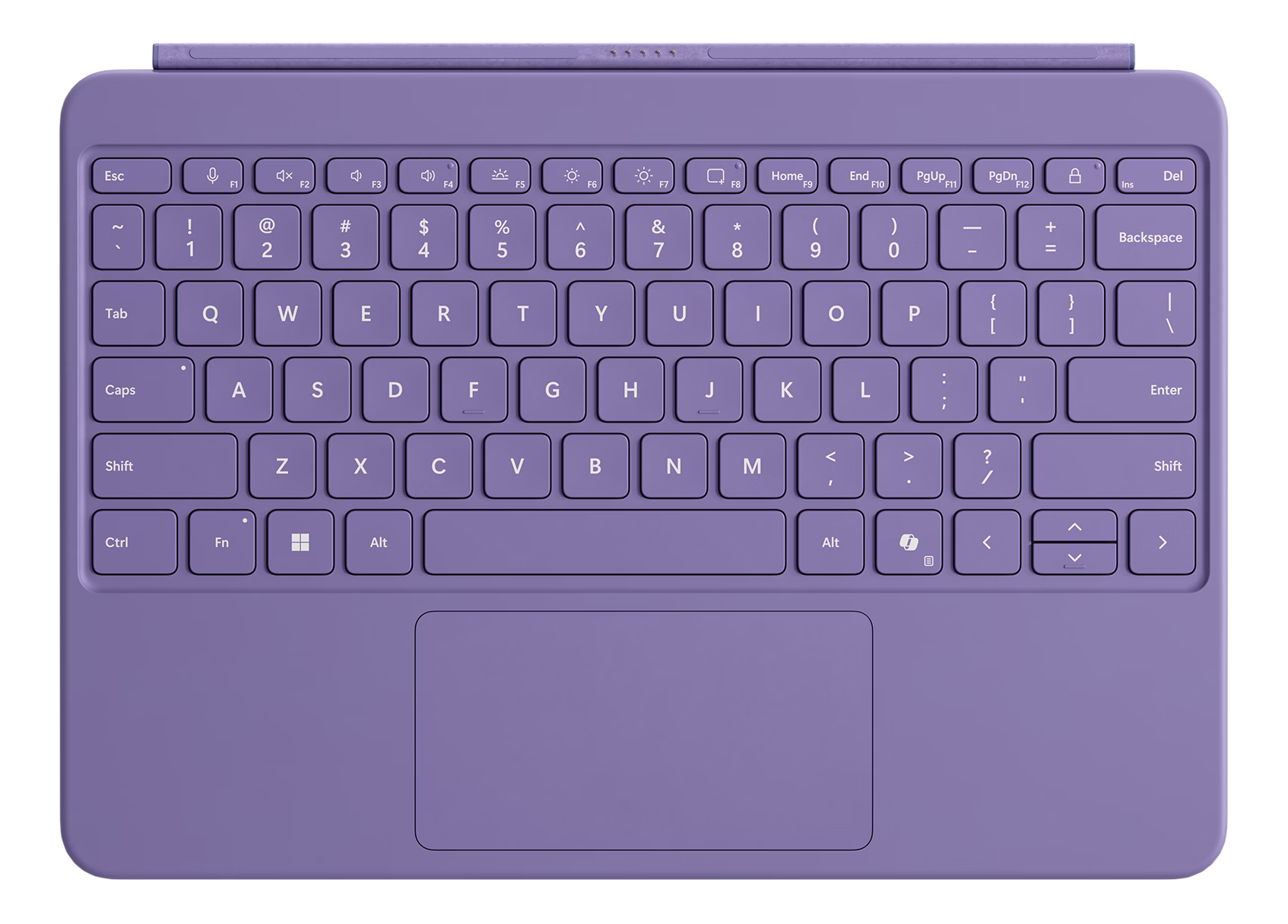 Clavier violet avec pavé tactile et touches de fonction, vue de dessus.