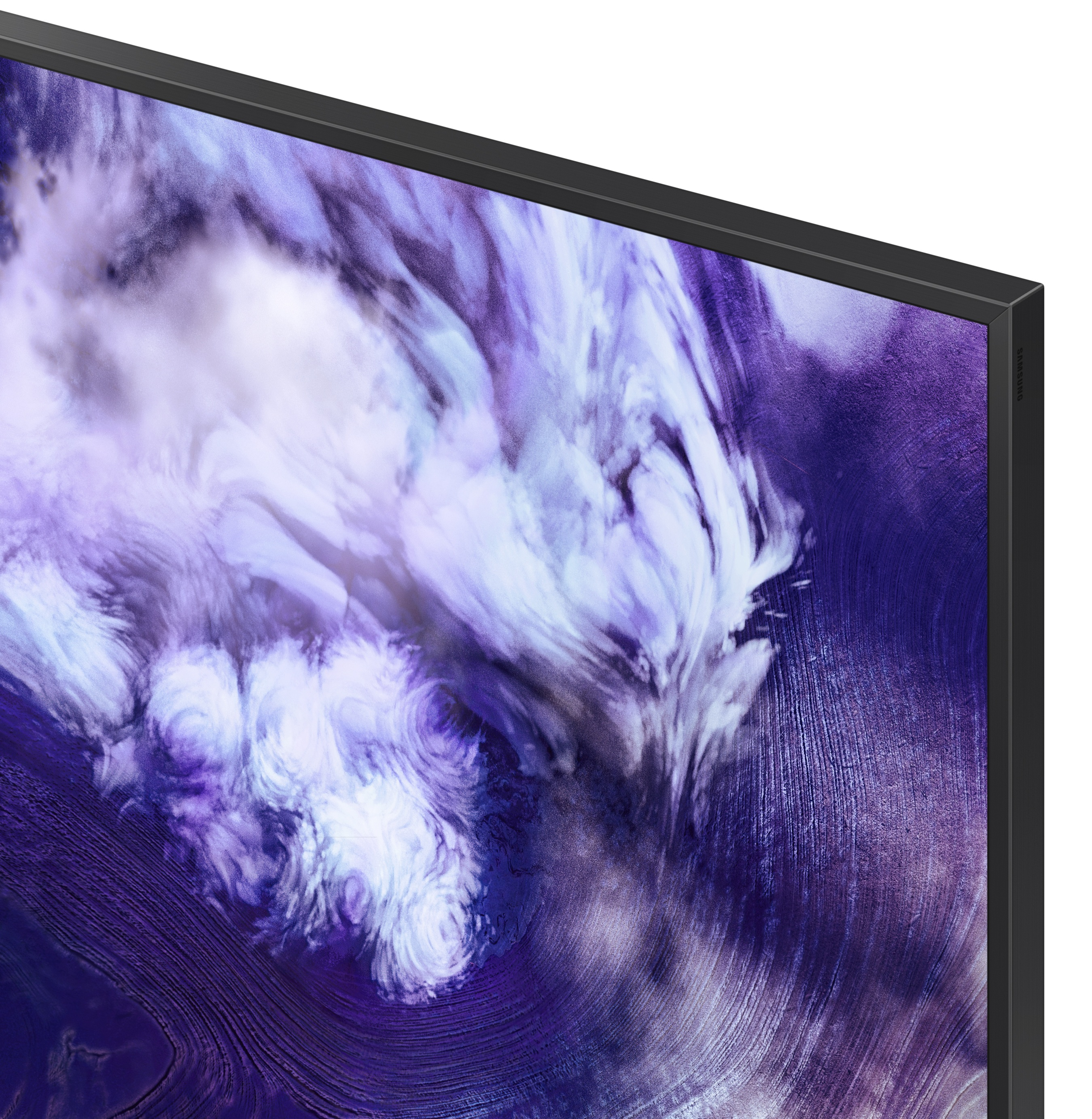 Zbliżenie rogu telewizora z kolorowym, abstrakcyjnym obrazem tła.