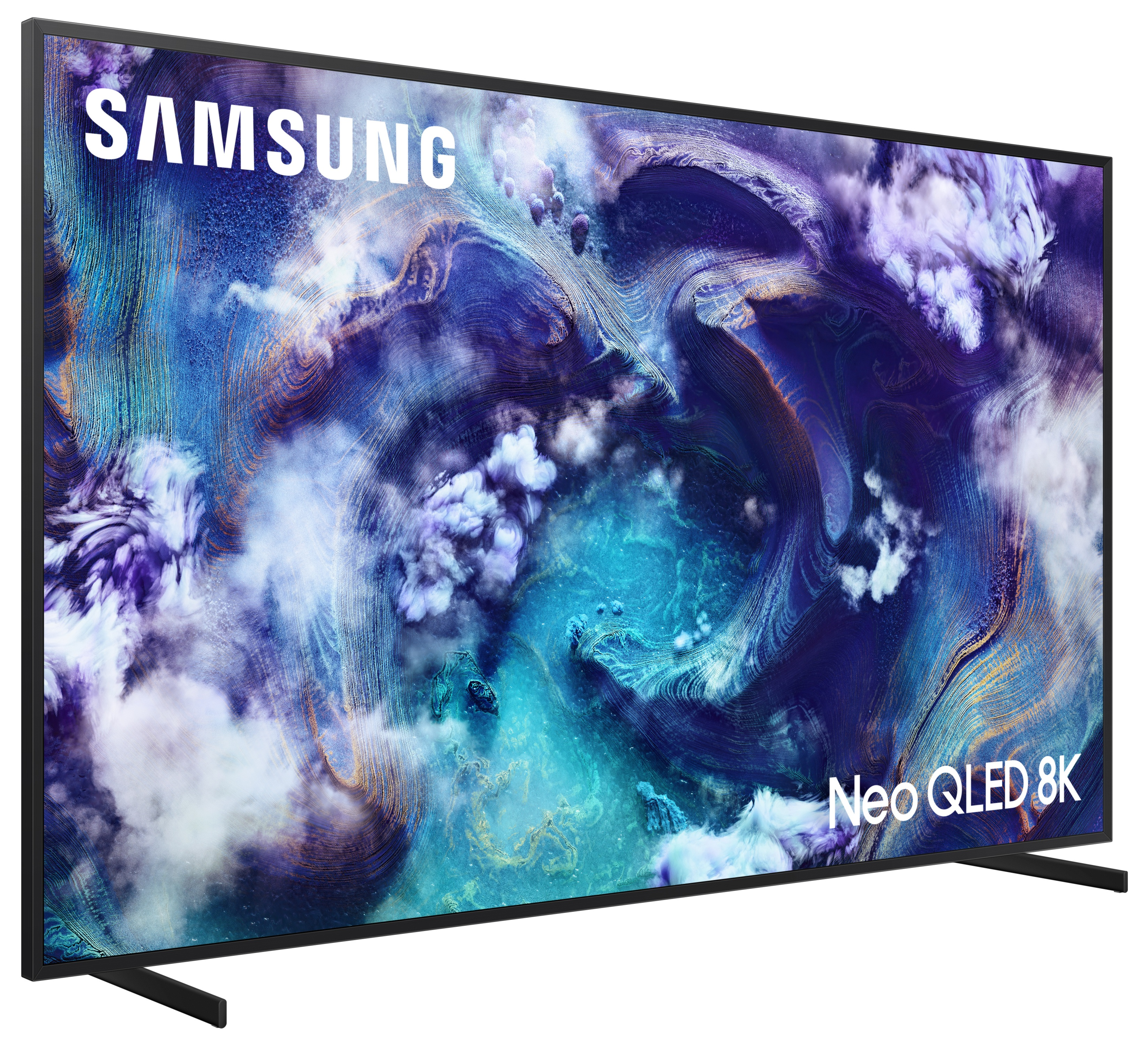 Telewizor Samsung wyświetla kolorową, abstrakcyjną scenę. Telewizor ma czarną ramkę i napis 'Neo QLED 8K'.