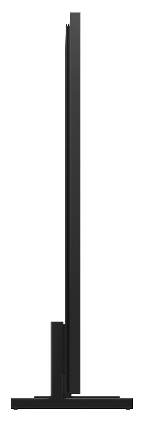 Czarny telewizor w nowoczesnym stylu na stojaku, widok z boku. Białe tło.