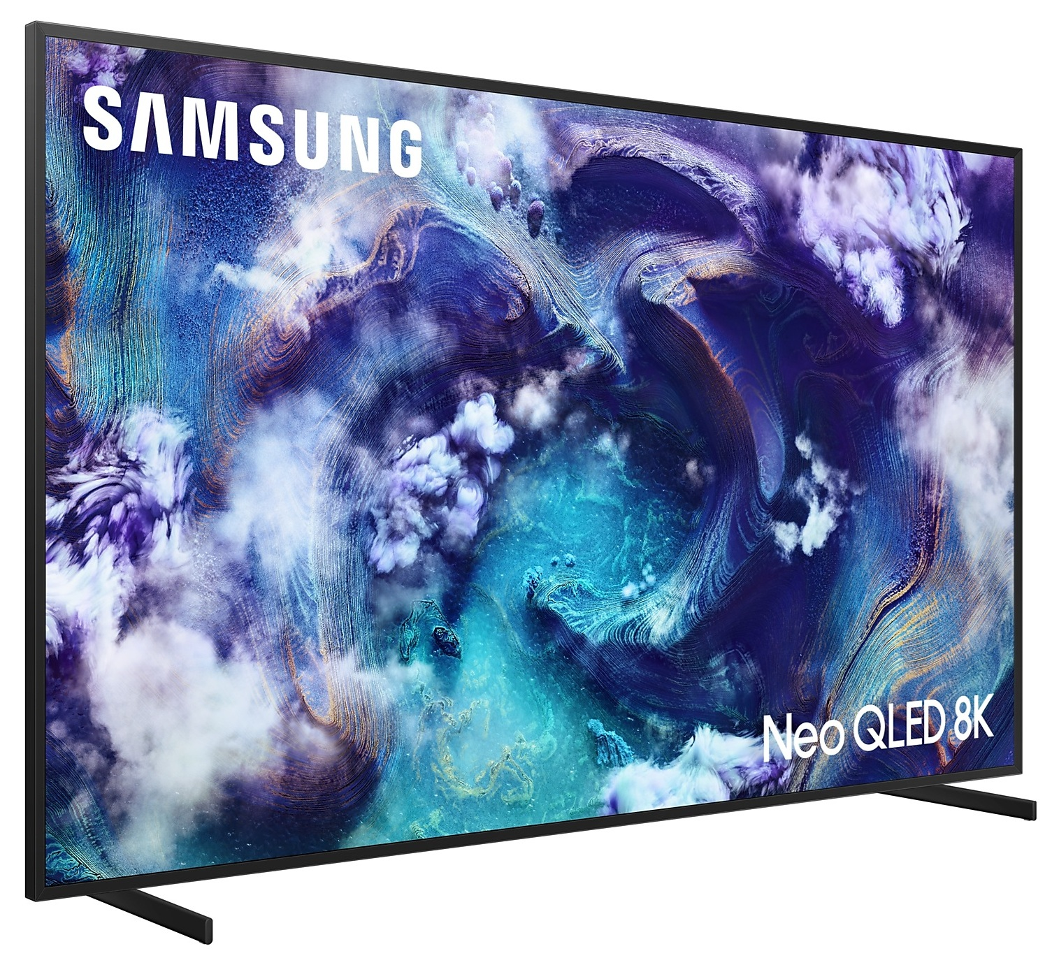 Telewizor Samsung wyświetla kolorową, abstrakcyjną scenę. Telewizor ma czarną ramkę i napis 'Neo QLED 8K'.