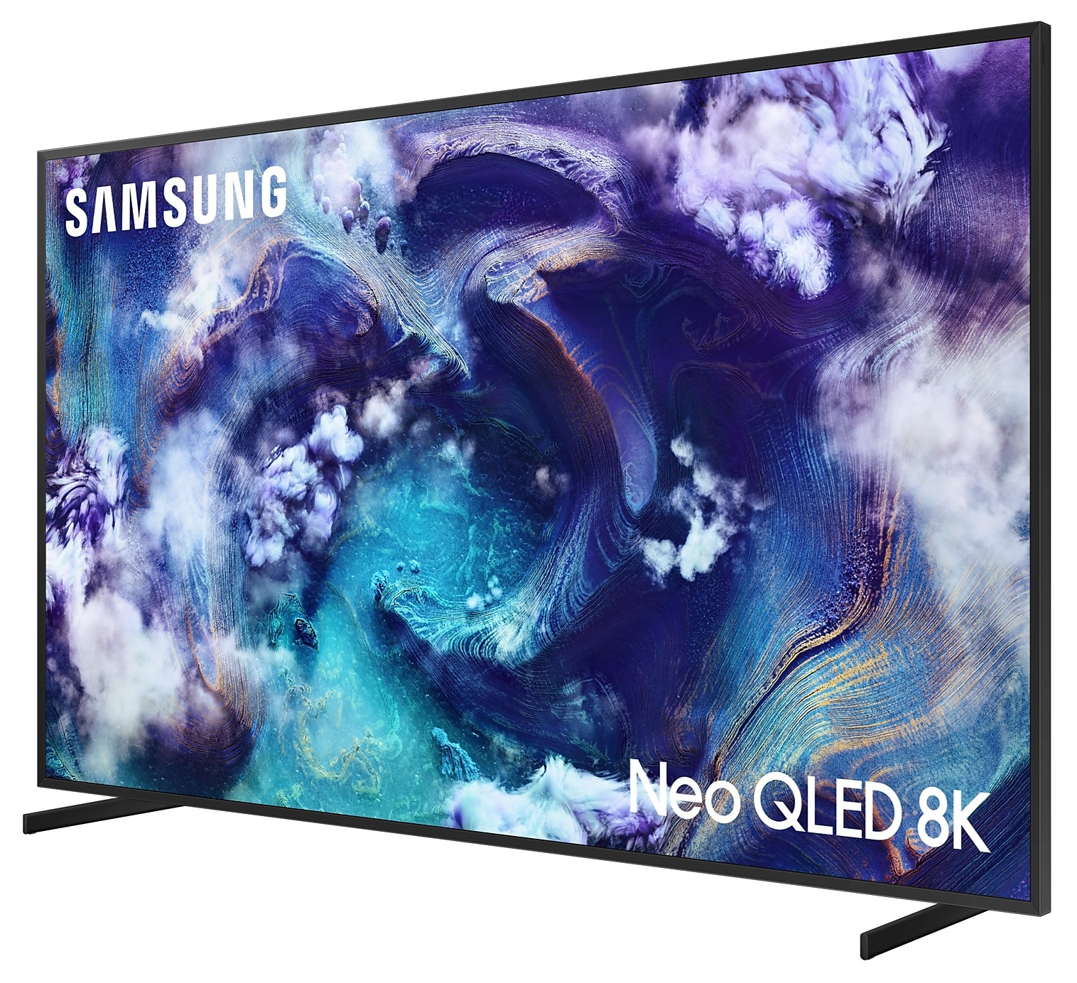Telewizor Samsung wyświetla kolorową, abstrakcyjną scenę. Telewizor ma czarną ramkę i napis 'Neo QLED 8K'.