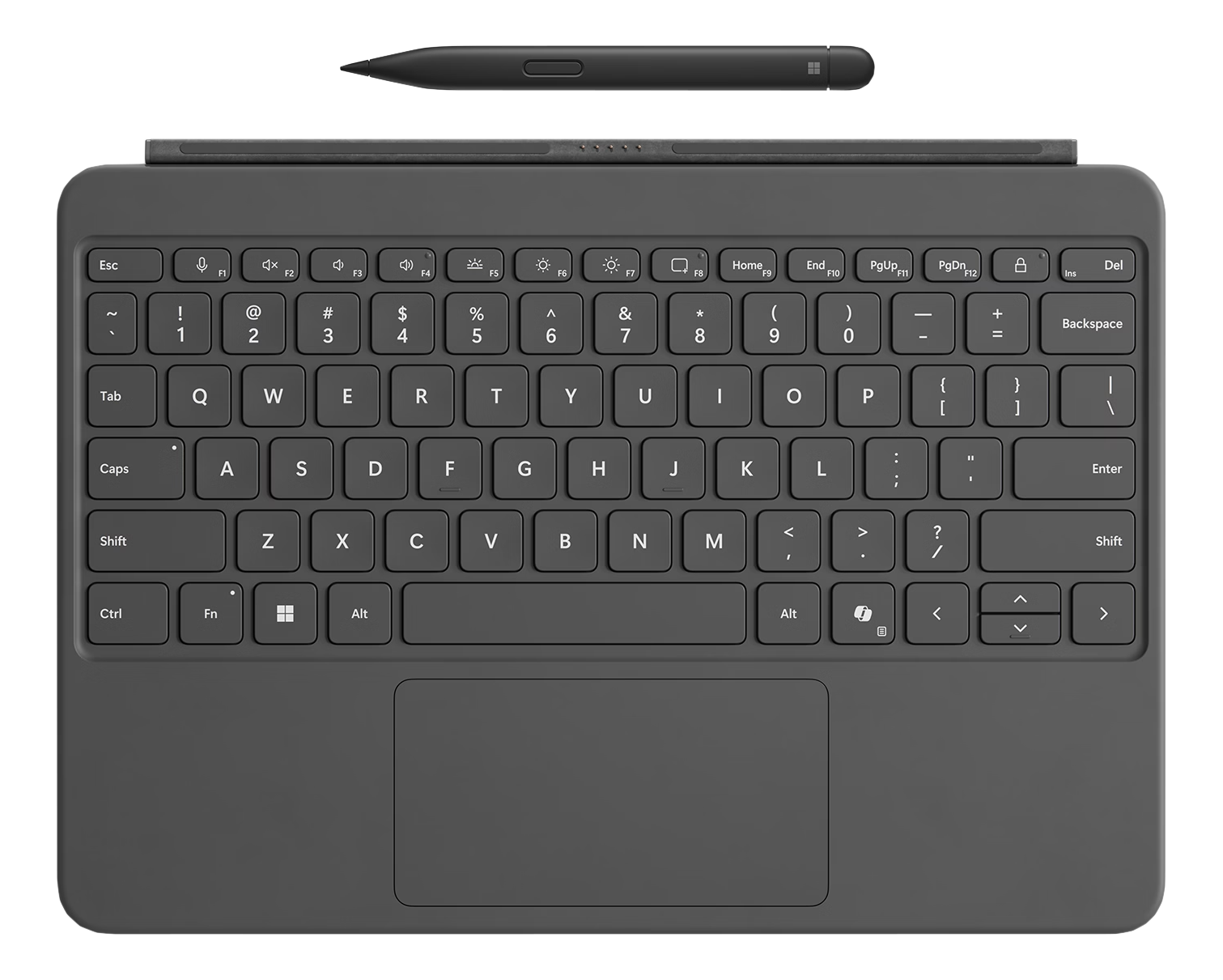 Clavier et stylet de tablette gris foncé sur fond sombre.