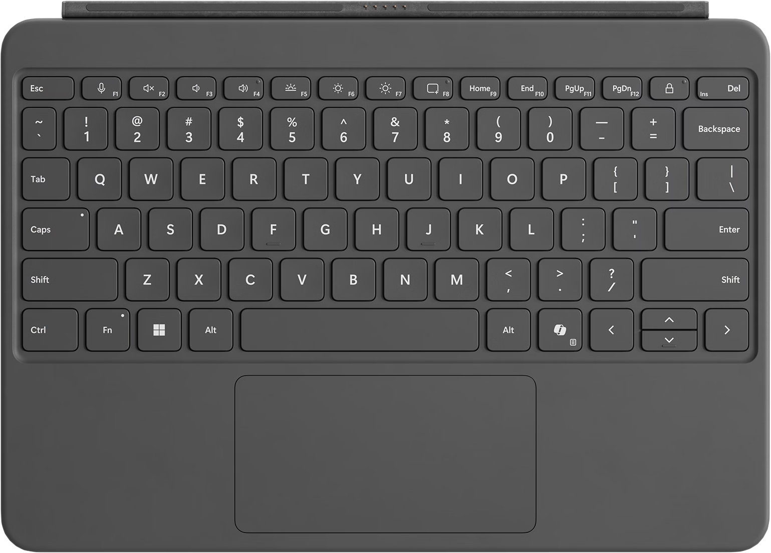 Clavier de tablette gris foncé sur fond sombre.