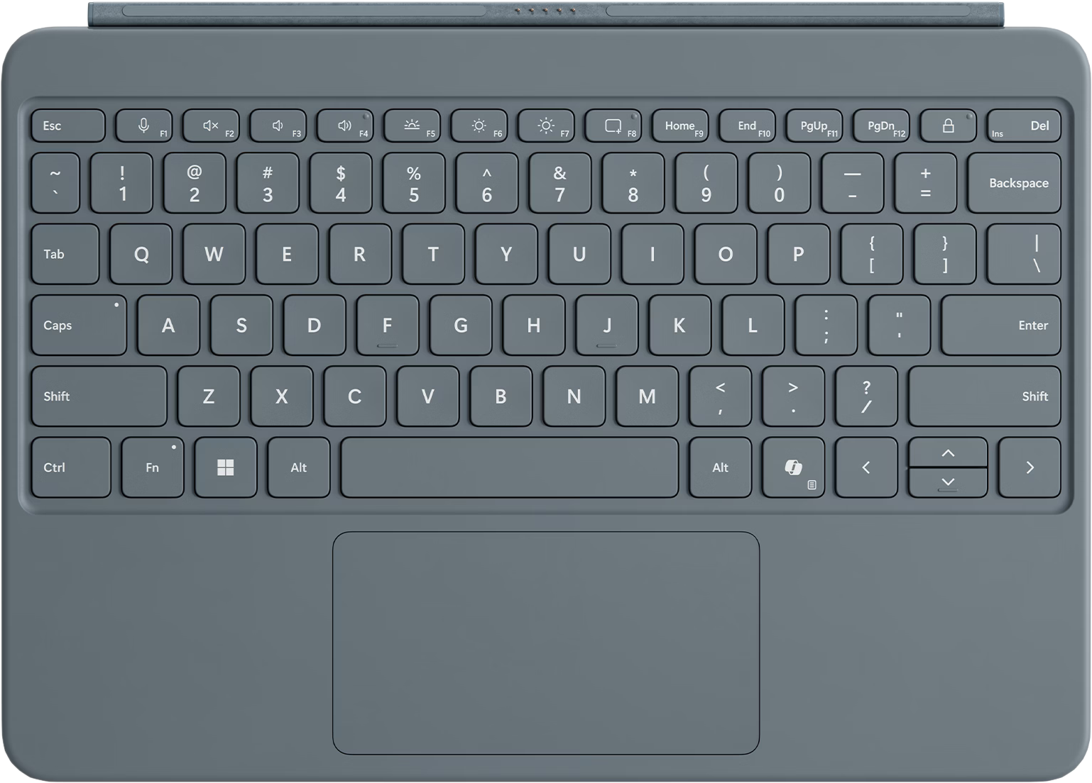 Blaues Tablet-Keyboard auf dunklem Hintergrund.