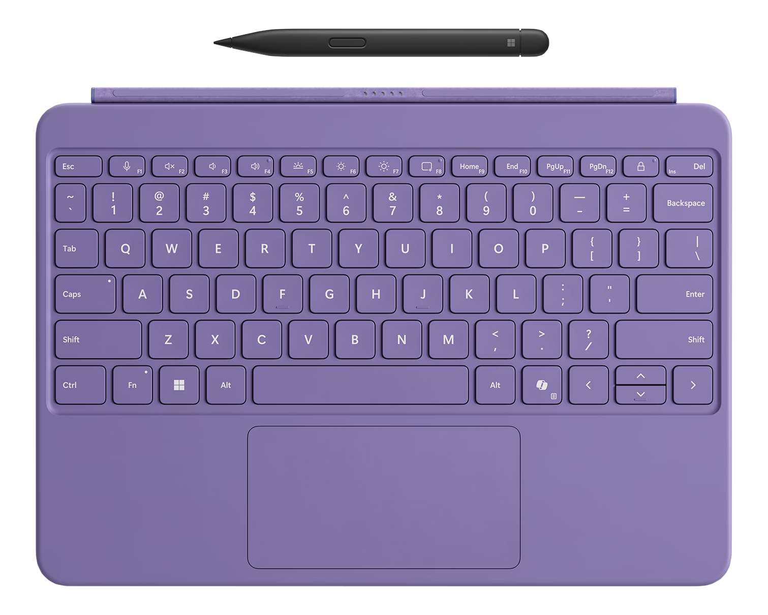 Clavier et stylet de tablette violet sur fond sombre.