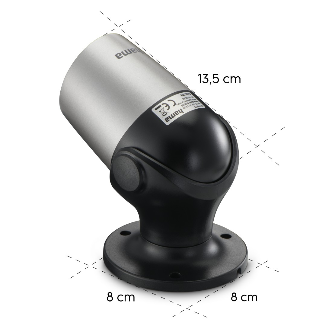 Eine silberne Überwachungskamera mit einem schwarzen Sockel. Maße sind angegeben: 13,5 cm und 8 cm.