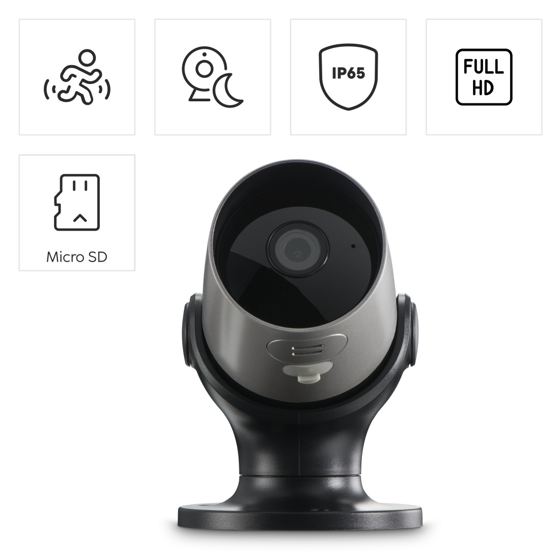 Eine Überwachungskamera mit Symbolen für Bewegungserkennung, Nachtsicht, IP65, Full HD und Micro SD.