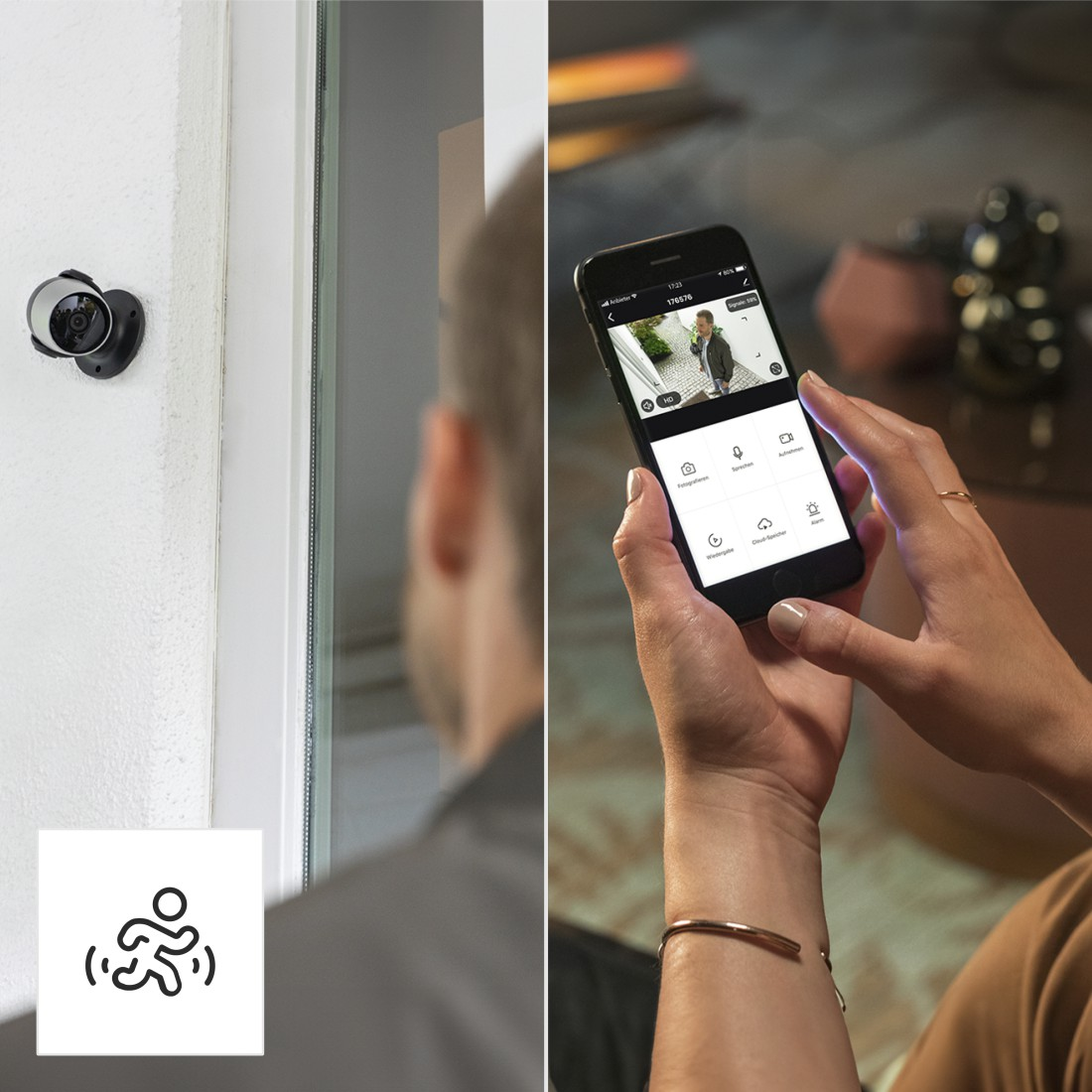 Kamera an Wand und Smartphone mit Live-Ansicht. Person schaut auf Telefon. Im Hintergrund eine Person.