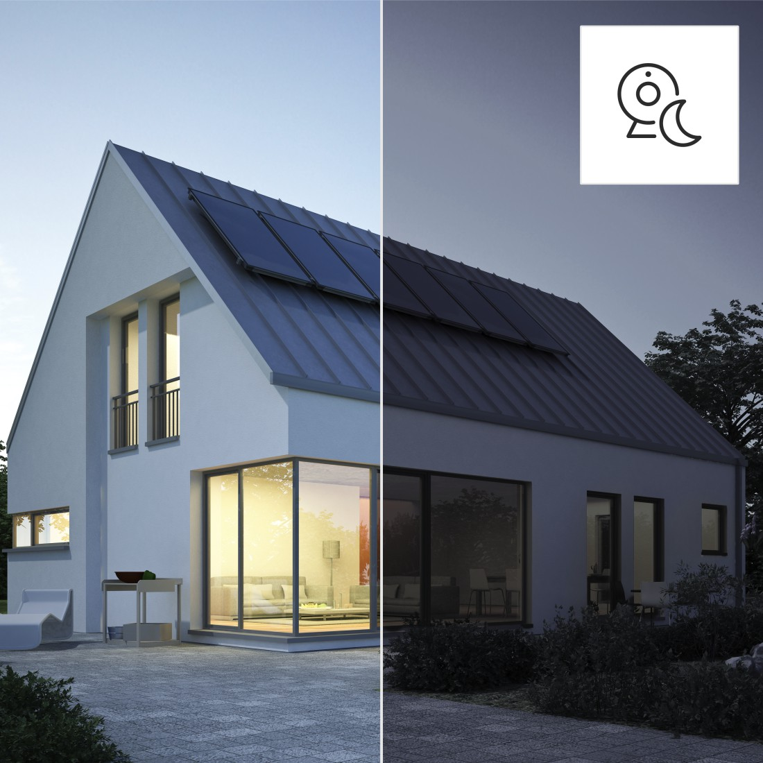 Haus mit Solarpanelen, Tag- und Nachtansicht. Innenbeleuchtung sichtbar. Garten mit Terrasse und Bäumen.
