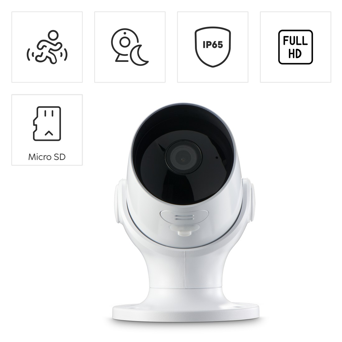 Weiße Kamera mit Symbolen: Bewegungserkennung, Nachtsicht, IP65, Full HD, Micro SD. Auf weißem Hintergrund.