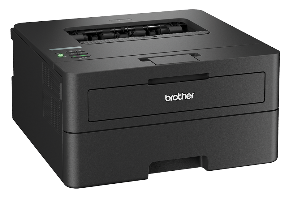 Czarna drukarka z boku, stojąca na białym tle.