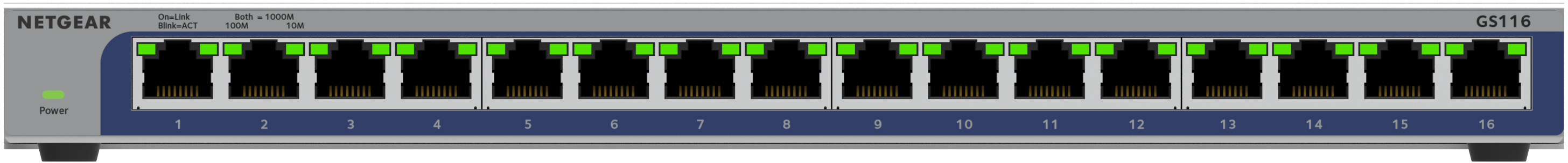 Ein grauer Netgear-Switch mit 16 Ports. Die Ports sind schwarz mit grünen Lichtern. Oben steht NETGEAR.