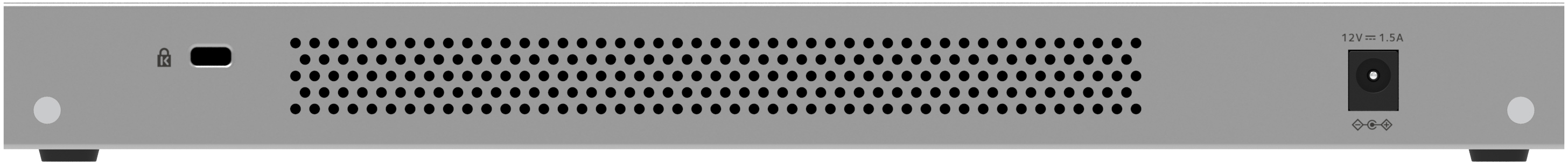 Rückseite eines grauen Switches mit Anschlüssen für Strom und andere Geräte, sowie Lüftungslöchern.