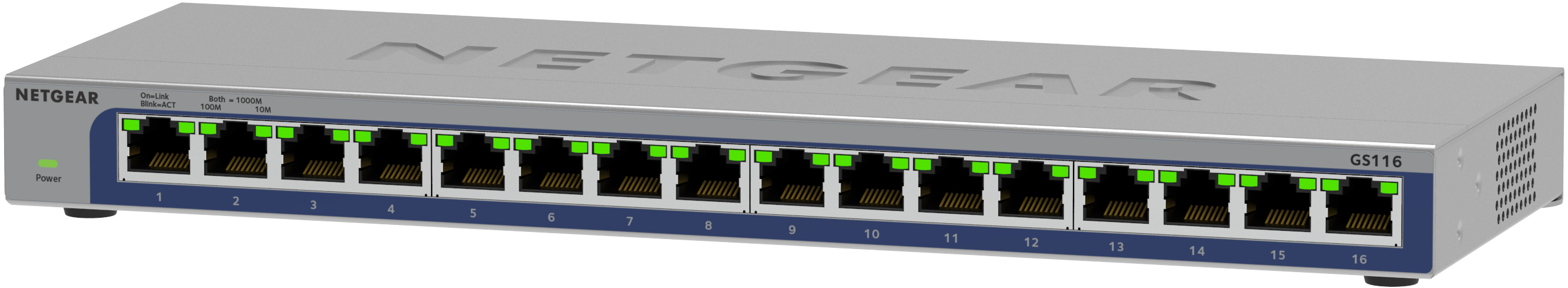 Ein grauer Netgear-Switch mit 16 Ports. Die Ports sind schwarz mit grünen Lichtern. Oben steht NETGEAR.