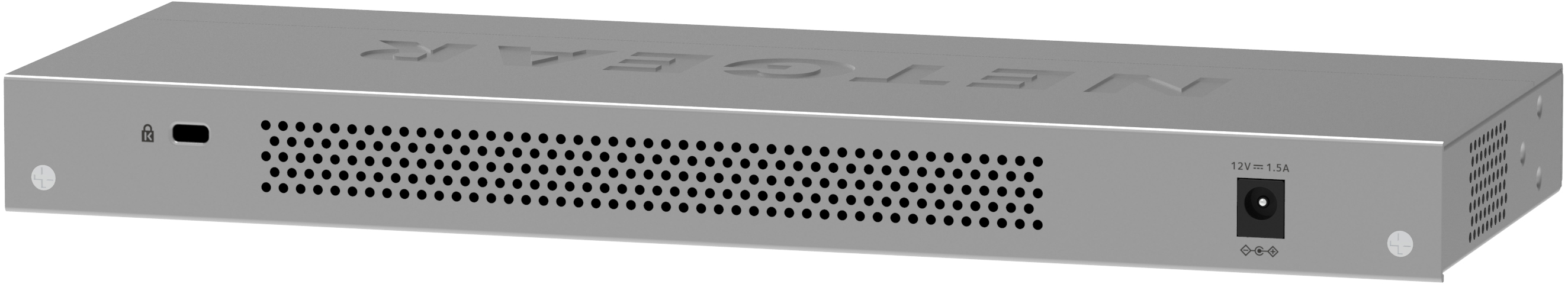 Rückseite eines grauen Switches mit Anschlüssen für Strom und andere Geräte, sowie Lüftungslöchern.