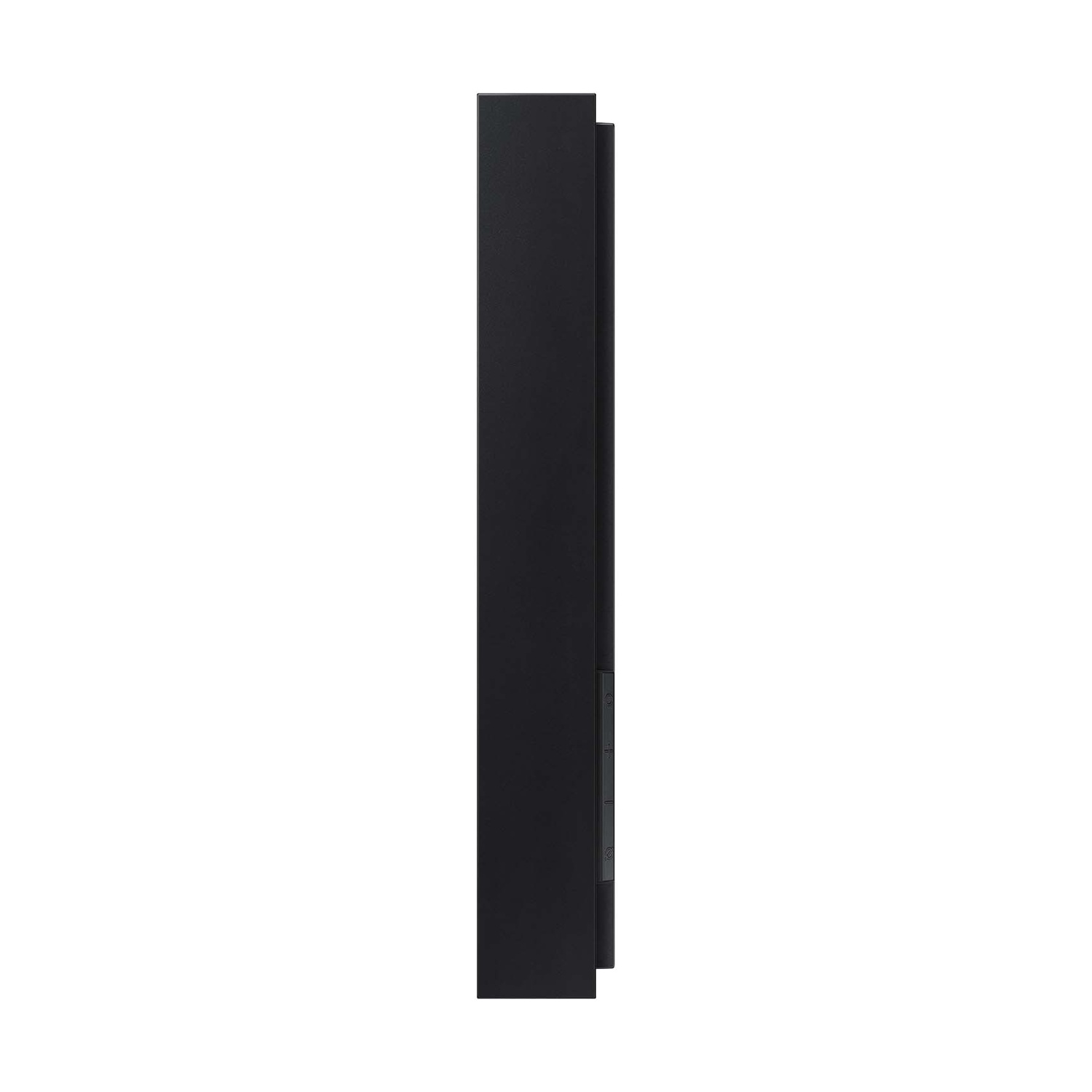 Un oggetto rettangolare nero si erge verticalmente su uno sfondo bianco. Ha alcuni pulsanti e dettagli laterali.