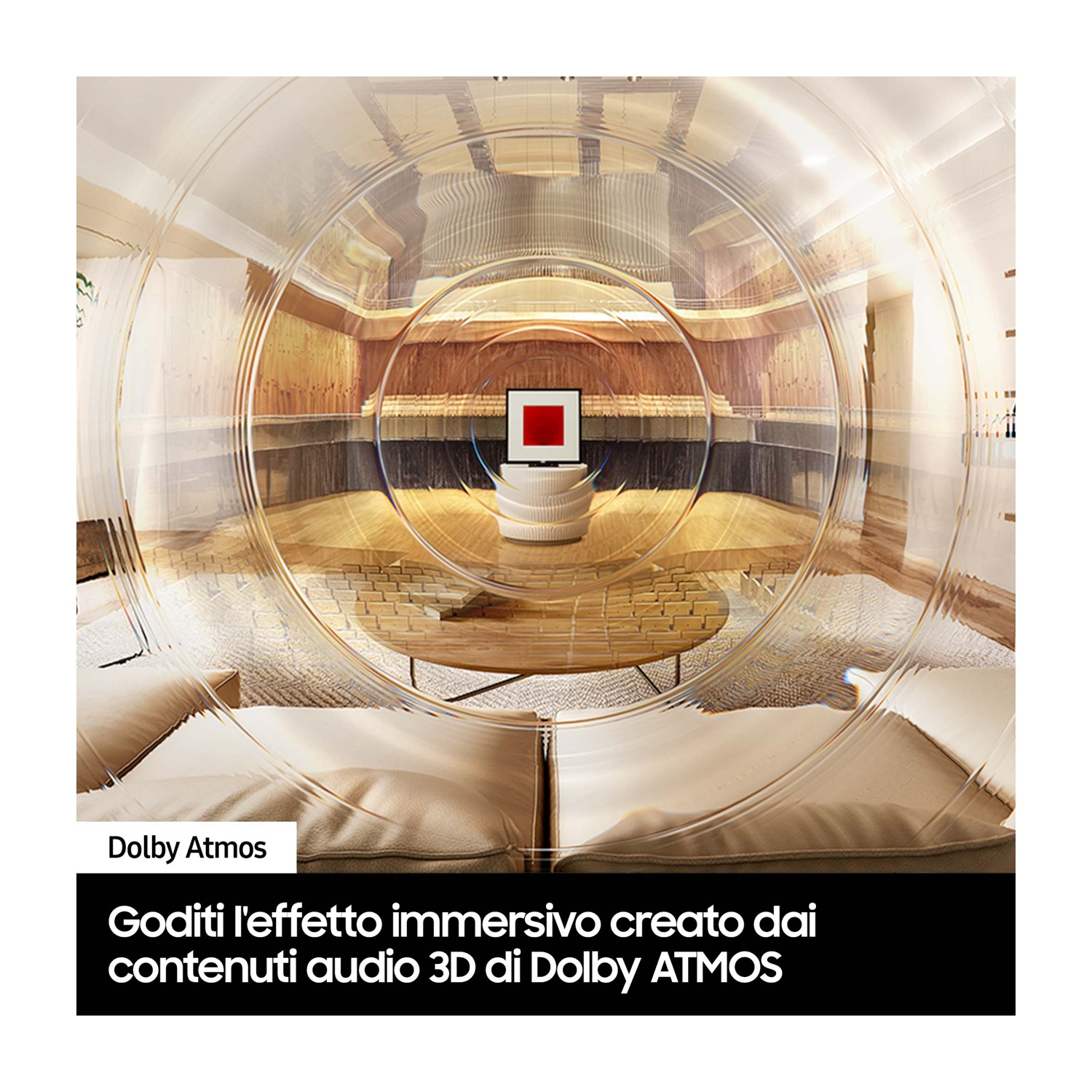 Un soggiorno con un effetto circolare, evidenziando i contenuti audio 3D immersivi di Dolby Atmos.