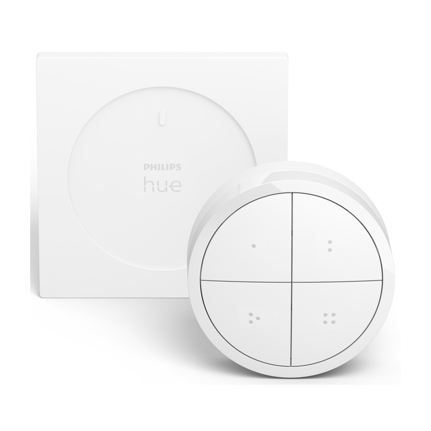 Due interruttori Philips Hue bianchi, uno quadrato, uno rotondo con quattro pulsanti.