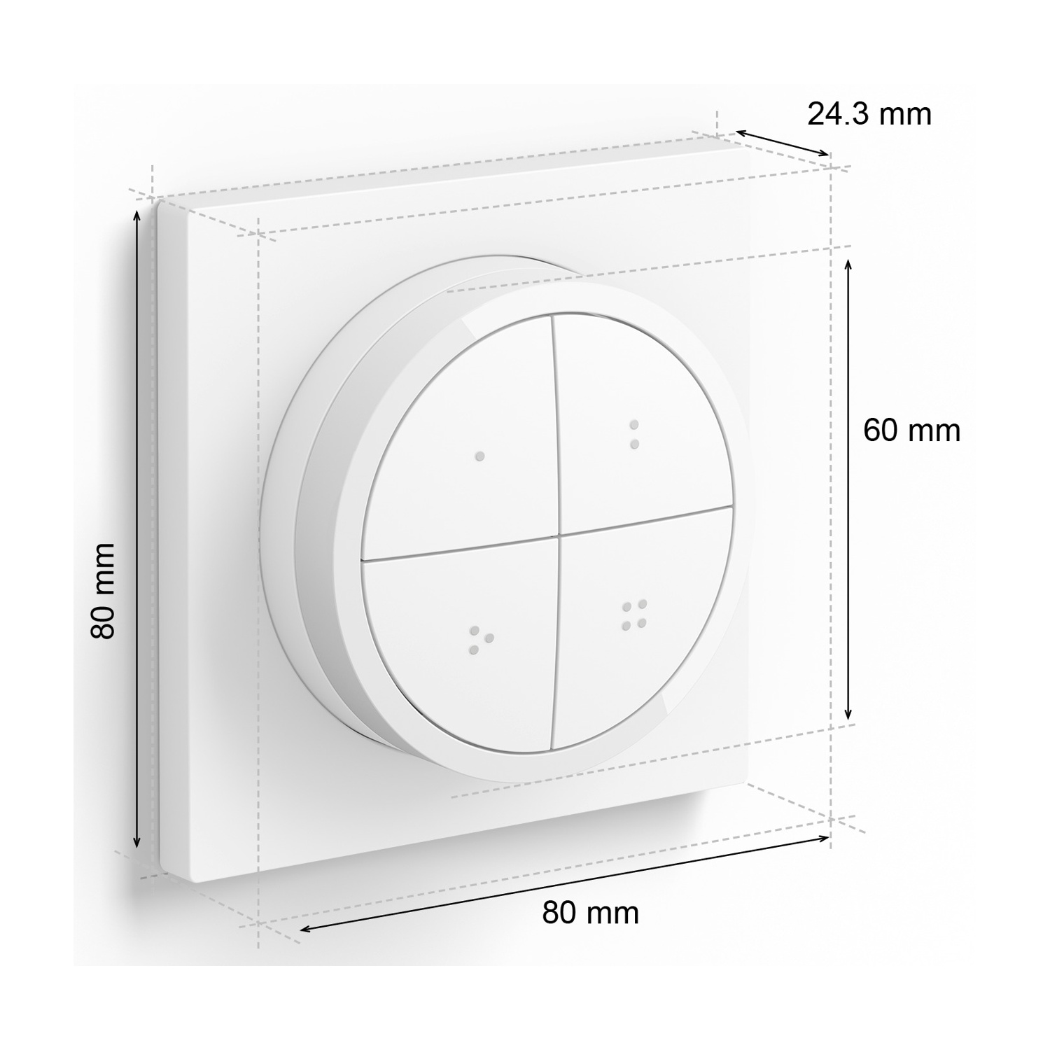 Un interruttore Philips Hue bianco, quadrato con un pulsante rotondo con quattro pulsanti, con misure.