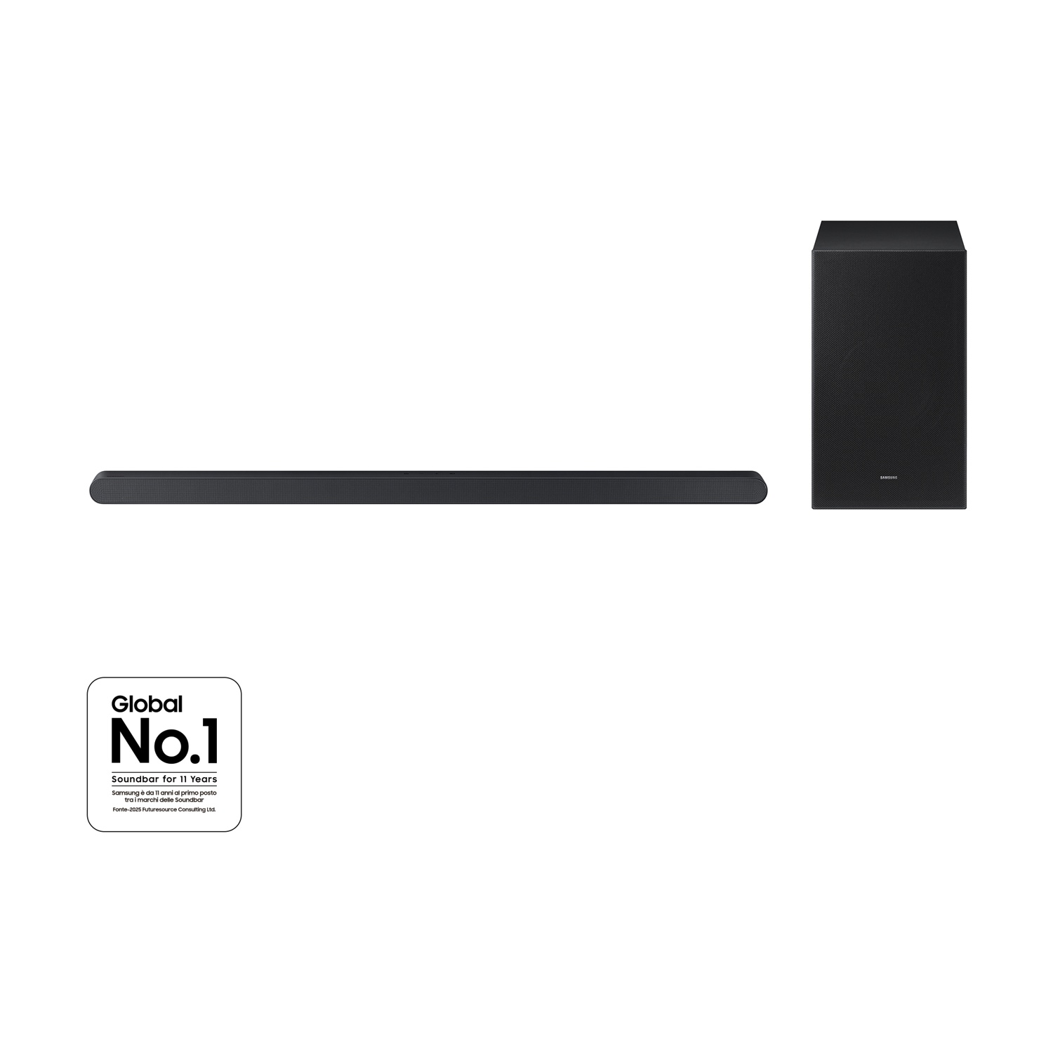 Soundbar nera e subwoofer su sfondo bianco. Logo 'Global No.1' visibile.