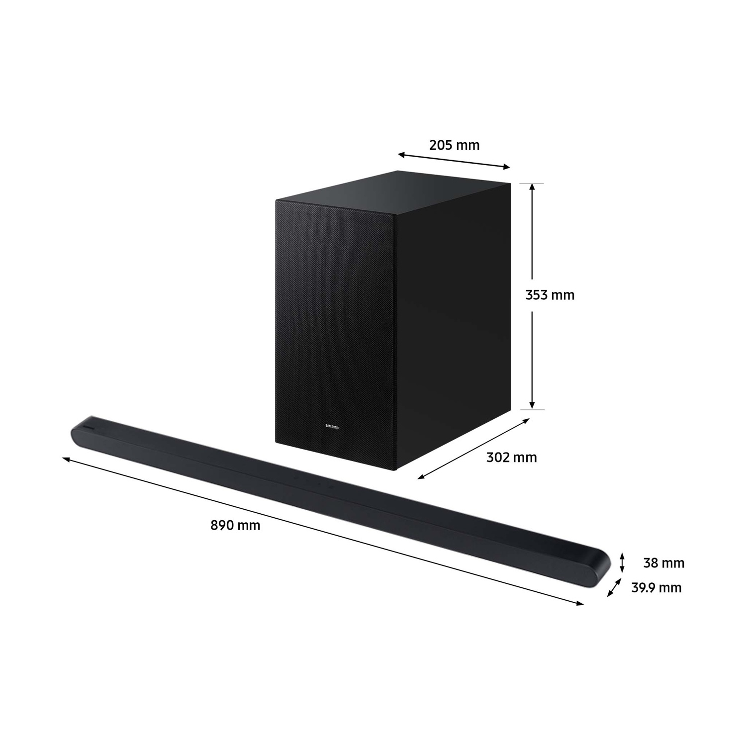 Set soundbar nero con subwoofer, dimensioni indicate. Il subwoofer è un cuboide nero, la soundbar è lunga e sottile.