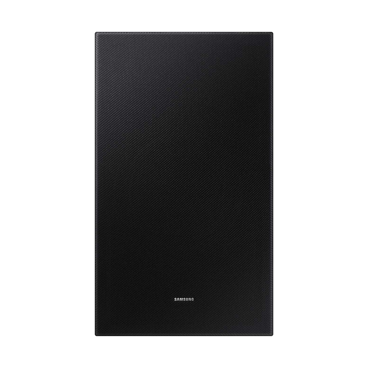 Subwoofer nero, vista frontale. Superficie nera testurizzata con logo Samsung.
