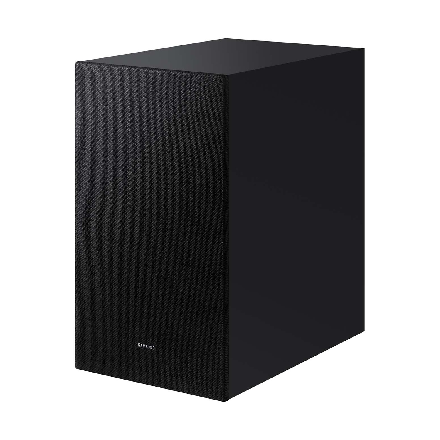 Subwoofer nero, vista laterale. Superficie nera testurizzata con logo Samsung.
