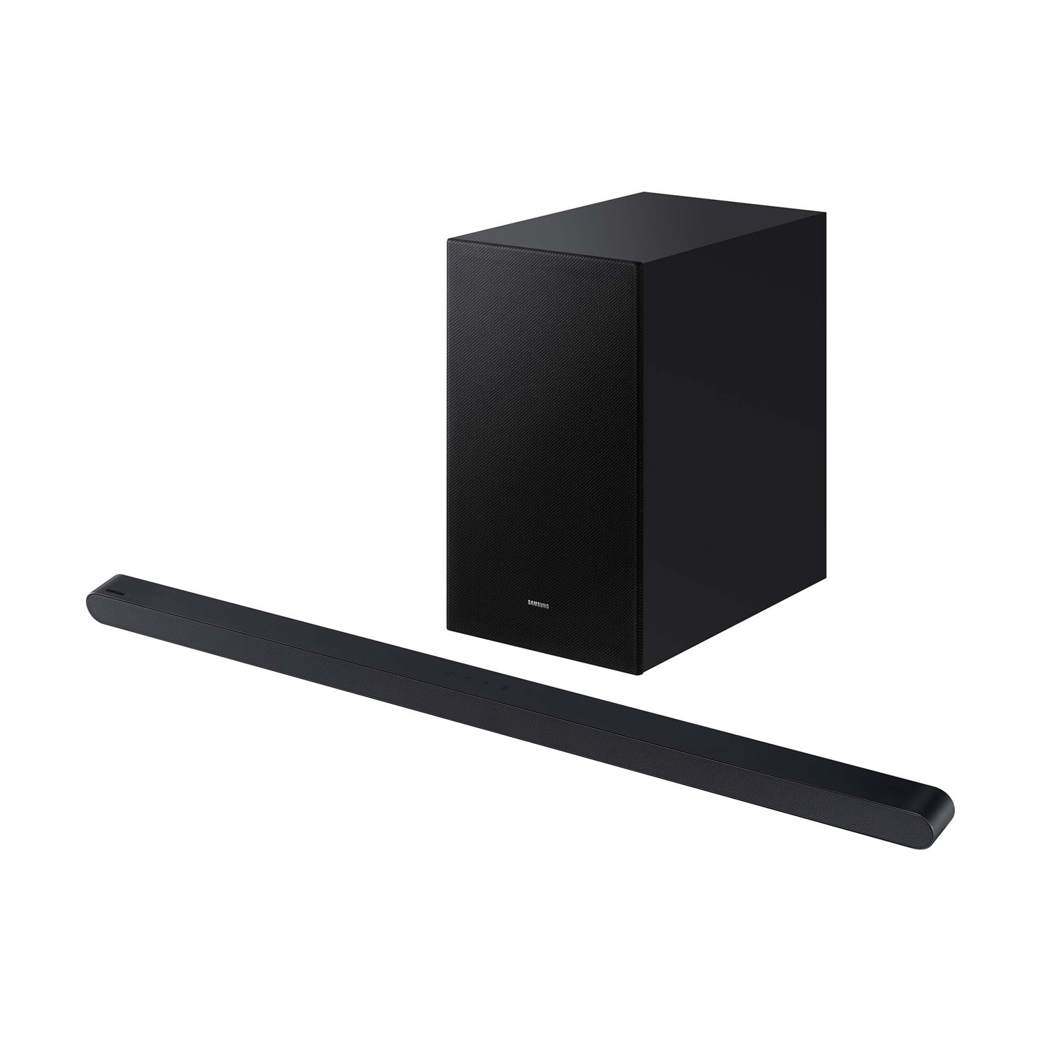 Set soundbar nero con subwoofer. Il subwoofer è un cuboide nero, la soundbar è lunga e sottile.
