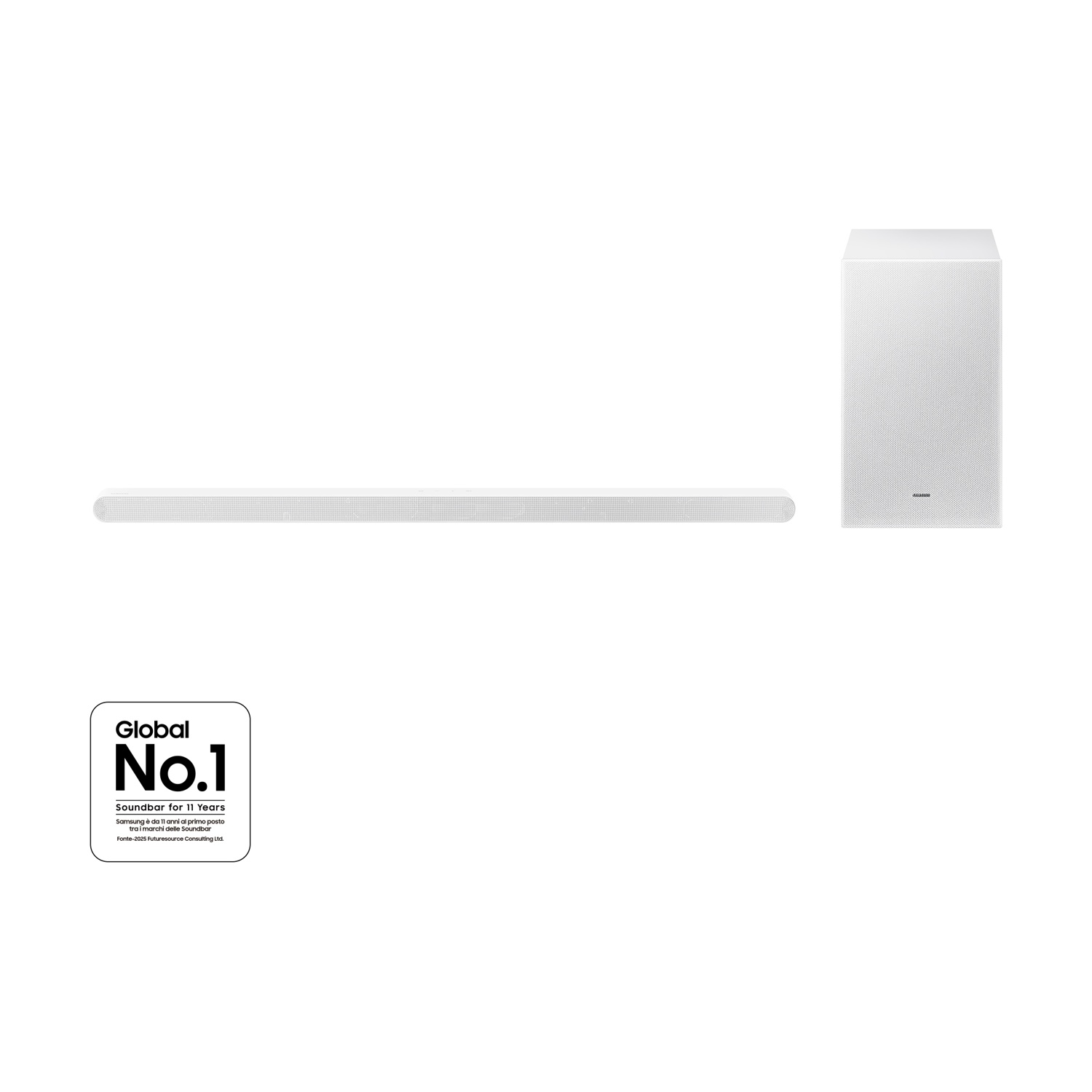 Set soundbar bianco, vista laterale. La soundbar è lunga e sottile, il subwoofer è accanto.