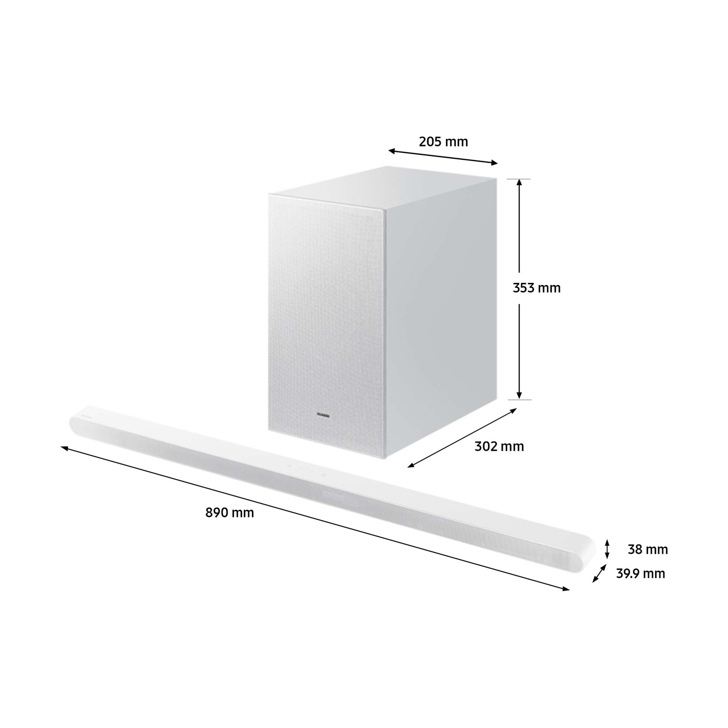 Set soundbar bianco con subwoofer, dimensioni indicate. Il subwoofer è un cuboide bianco, la soundbar è lunga e sottile.