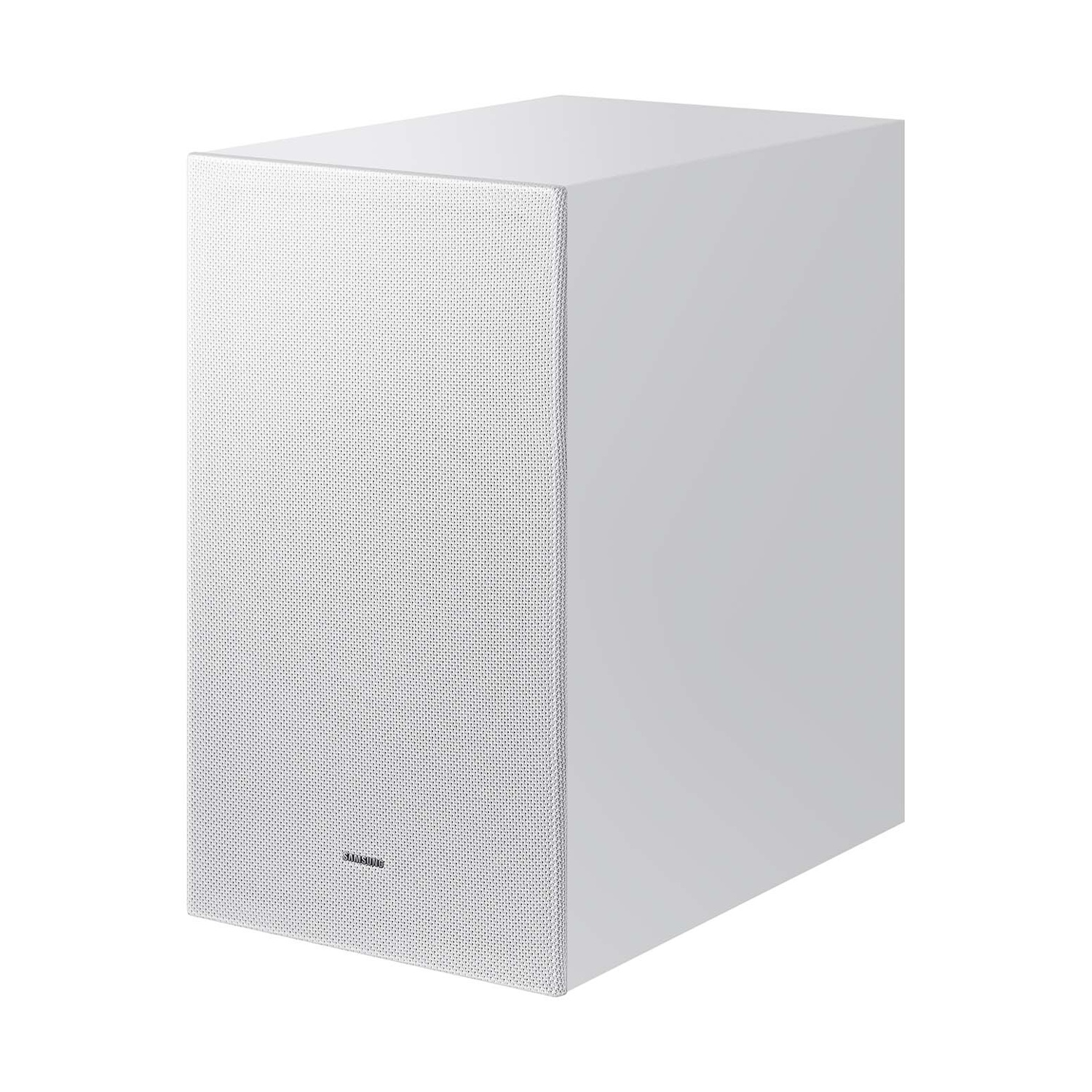 Subwoofer bianco, vista laterale. Superficie bianca testurizzata con logo Samsung.