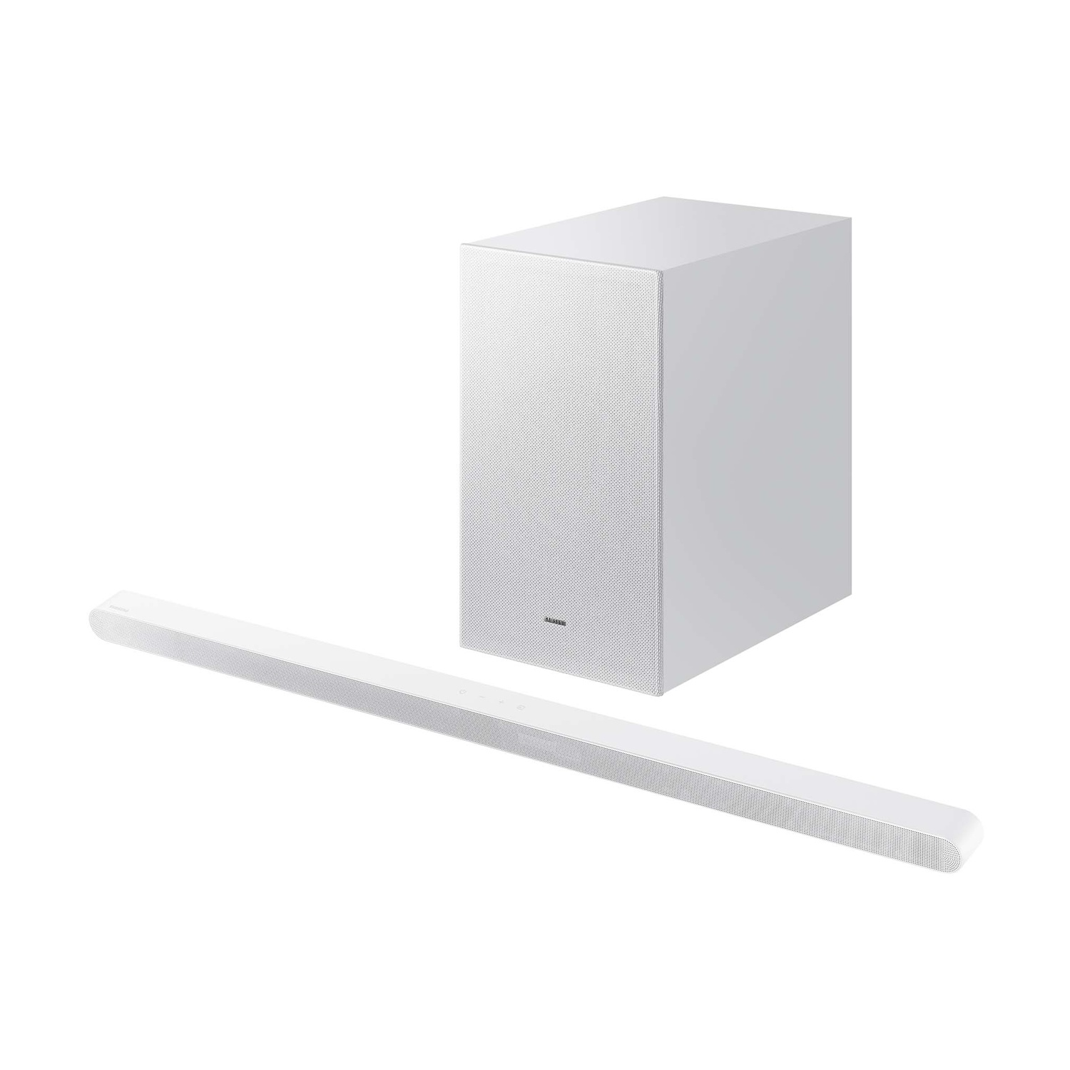 Set soundbar bianco con subwoofer. Il subwoofer è un cuboide bianco, la soundbar è lunga e sottile.