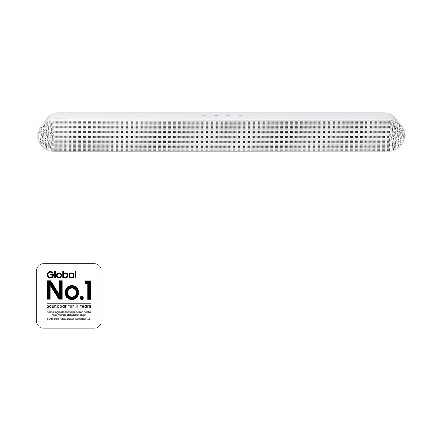 Una soundbar bianca, con un adesivo "Global No.1". La soundbar è su sfondo bianco.