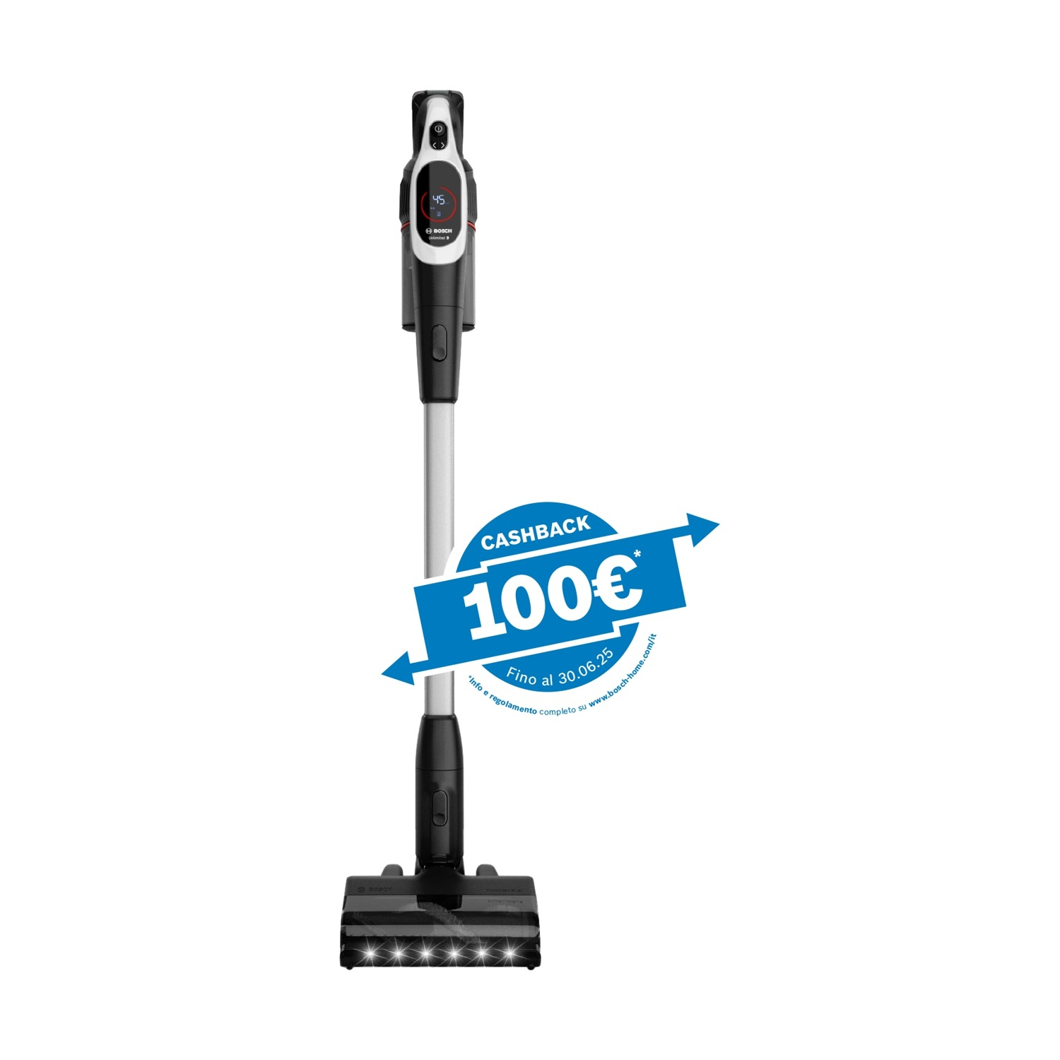 Un aspirapolvere nero con una freccia promozionale cashback blu che mostra 100€.
