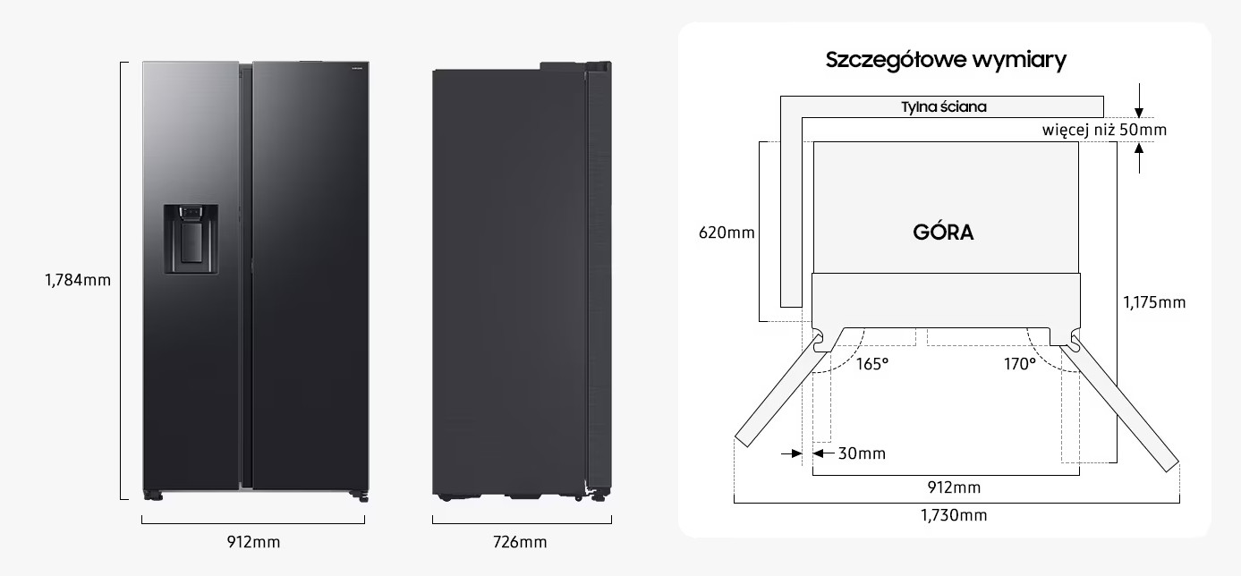 Czarna lodówka, model side-by-side. Wymiary i szczegóły techniczne z diagramami. Zawiera dozownik wody.