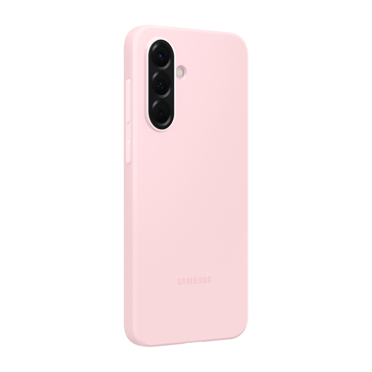 Pembe bir Samsung telefon kılıfı. Üç kamera lensi, bir yan düğme ve Samsung logosu bulunur. Beyaz arka plan.