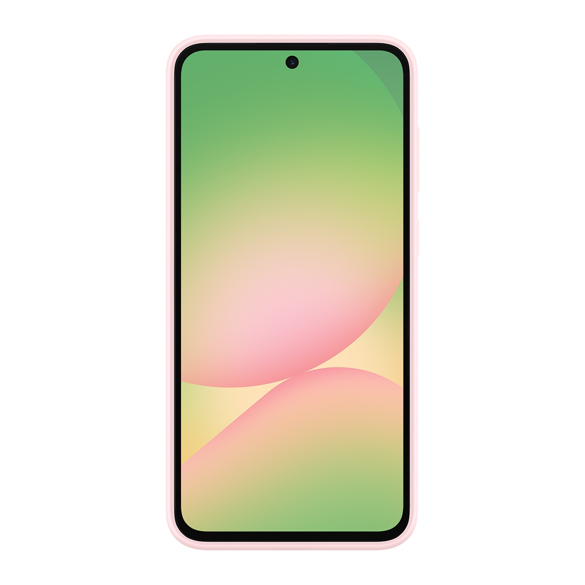 Pembe kılıflı akıllı telefon. Ekran yeşil ve pembe kürelerden oluşuyor. Üstte küçük kamera.
