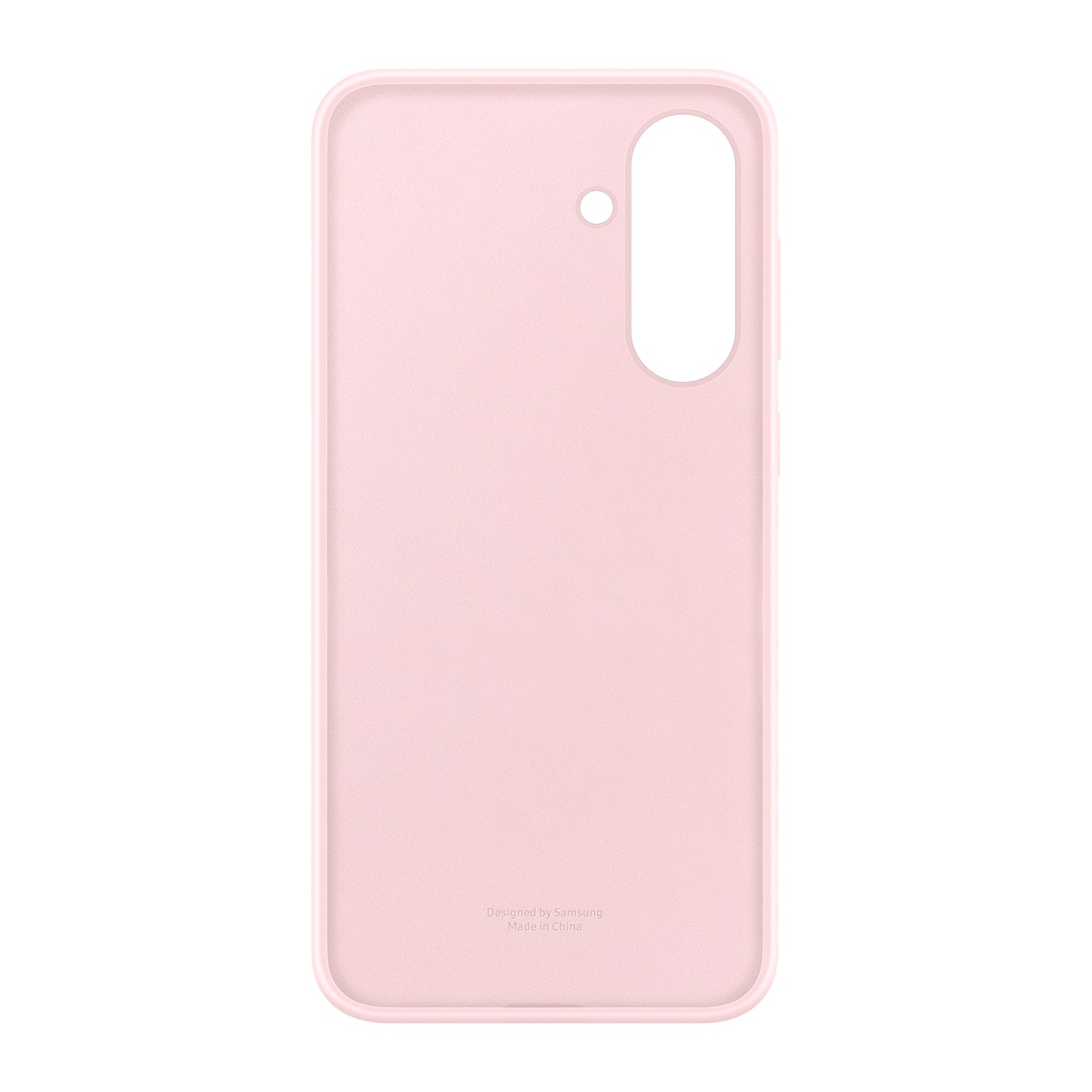 Pembe telefon kılıfı. Alt kısımda "Designed by Samsung Made in China" yazıyor. Kılıf bir akıllı telefon içindir.