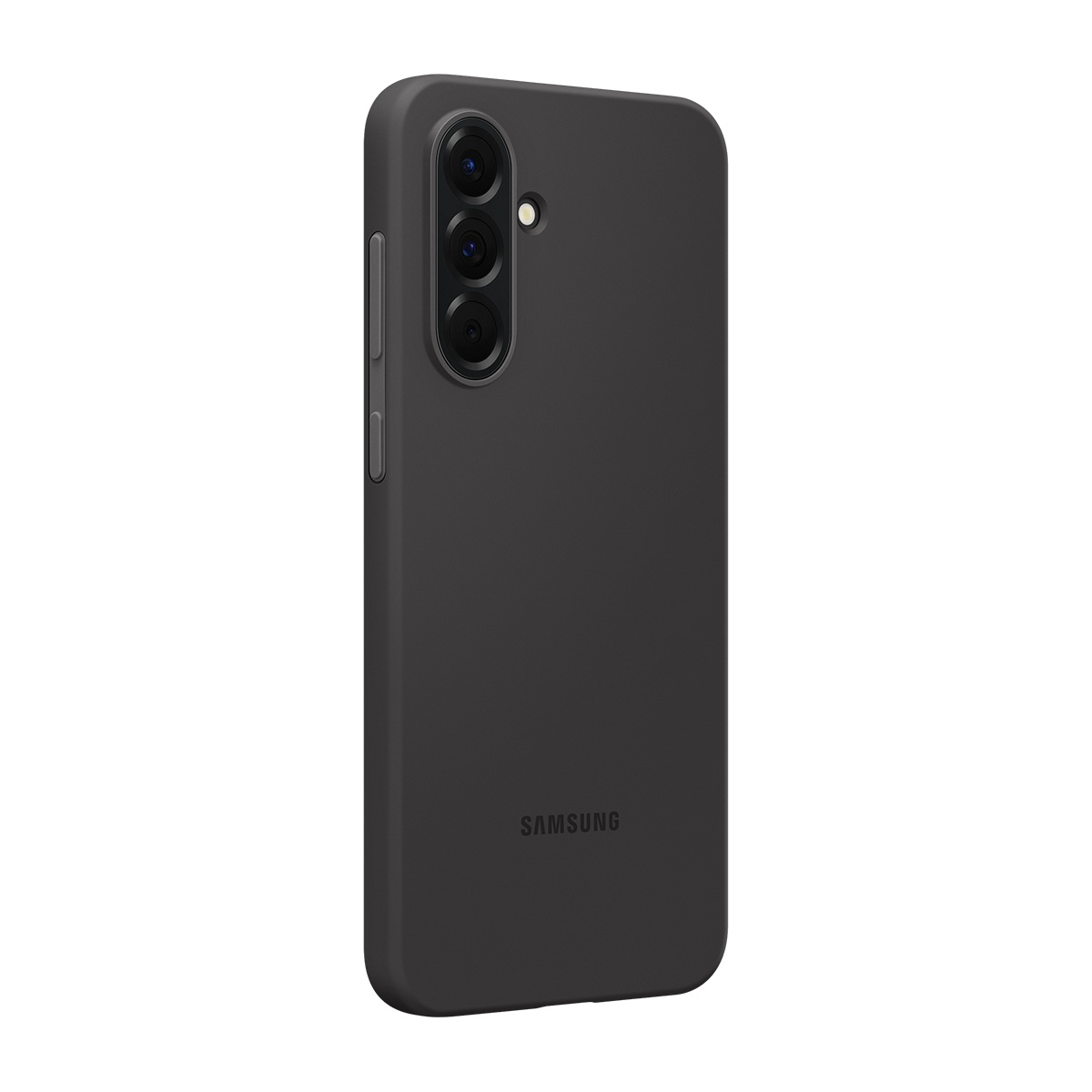 Koyu gri bir Samsung telefon kılıfı. Bir kamera dizisi ve Samsung logosu var. Kılıf beyaz bir arka plan üzerinde.