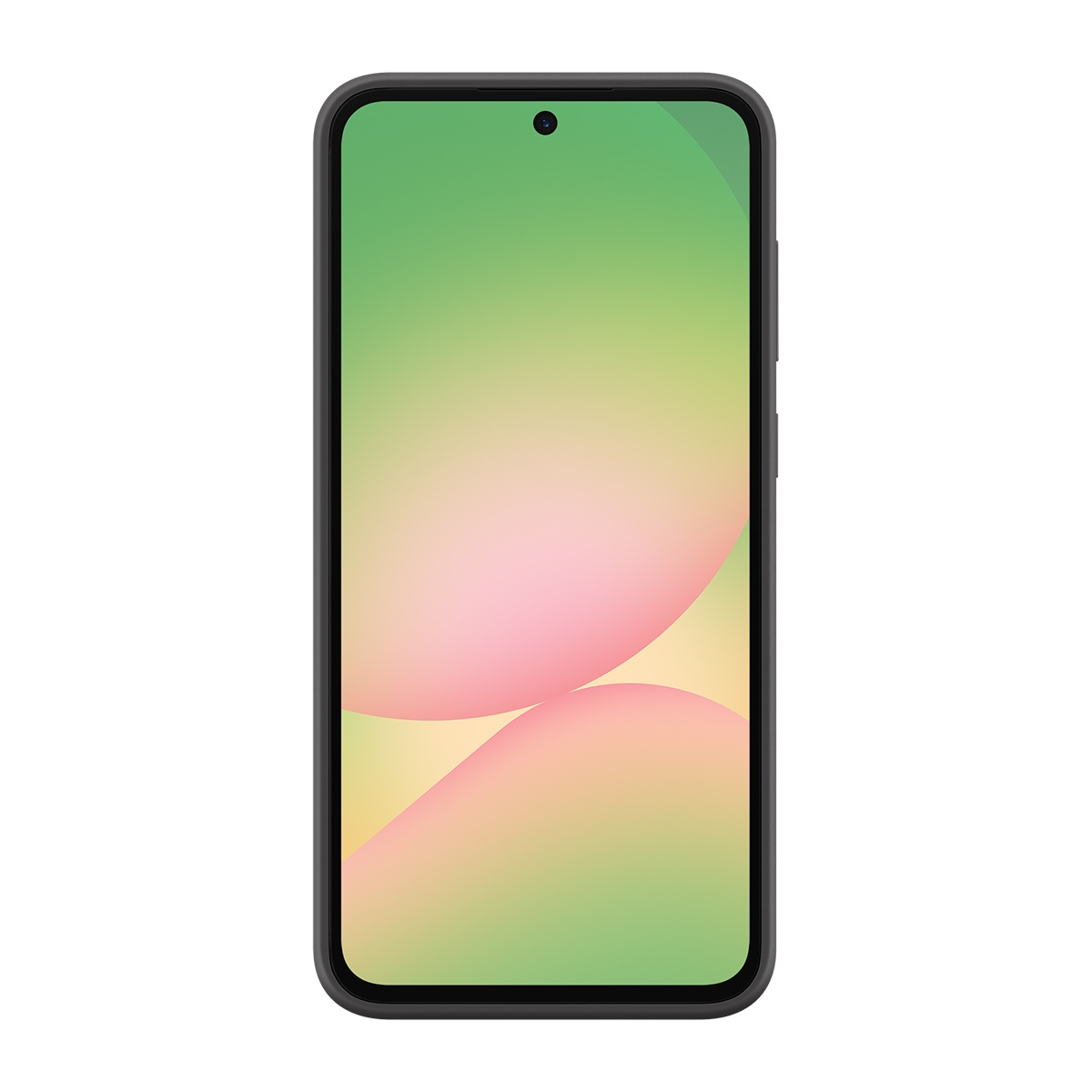 Renkli bir ekrana sahip siyah bir akıllı telefon. Ekran, yeşil, pembe ve sarı kürelerin bir gradyanını gösterir.