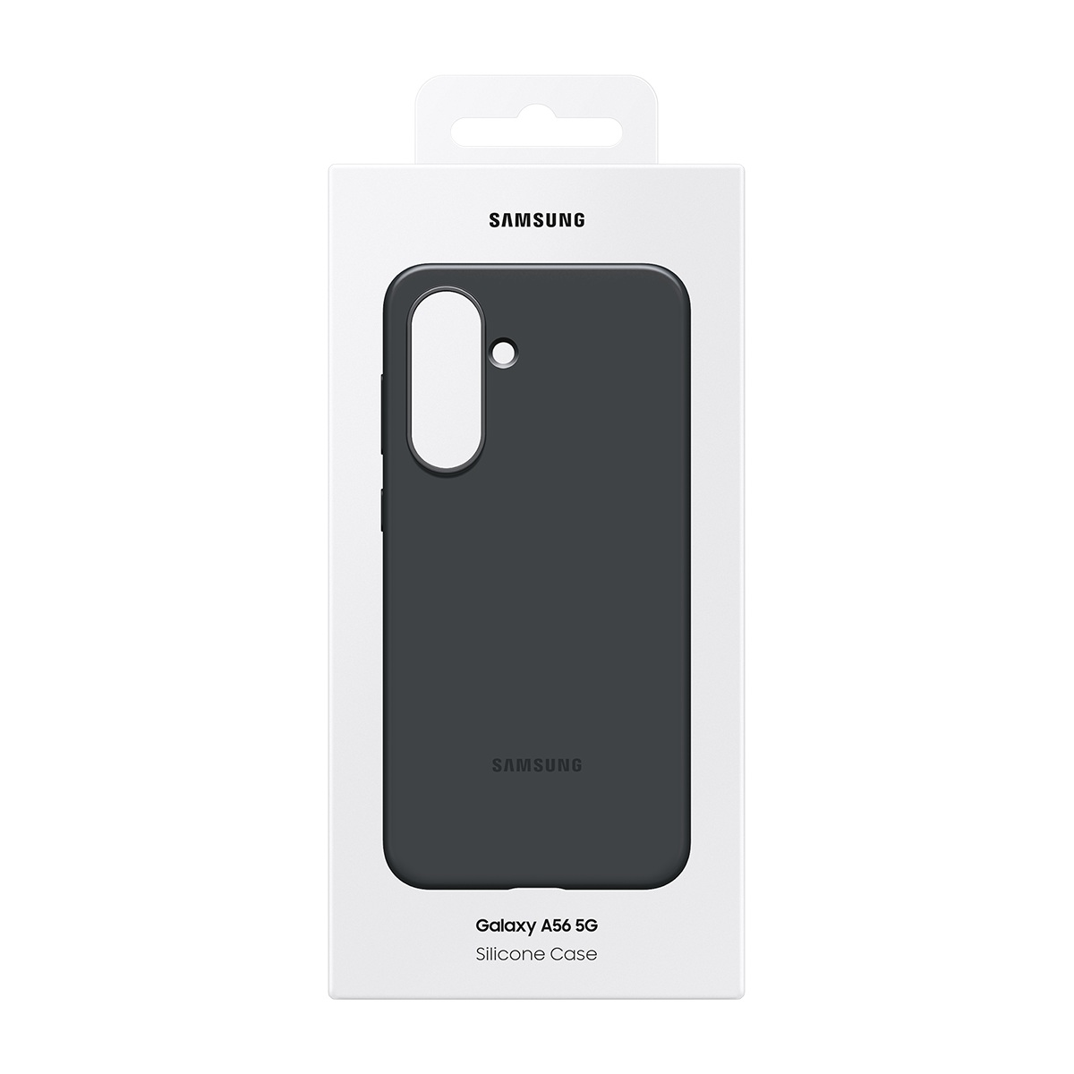 Ambalajında Samsung Galaxy A56 5G silikon kılıf. Koyu gri kılıf, Samsung logosu ve ürün bilgileri içeren beyaz kutu.