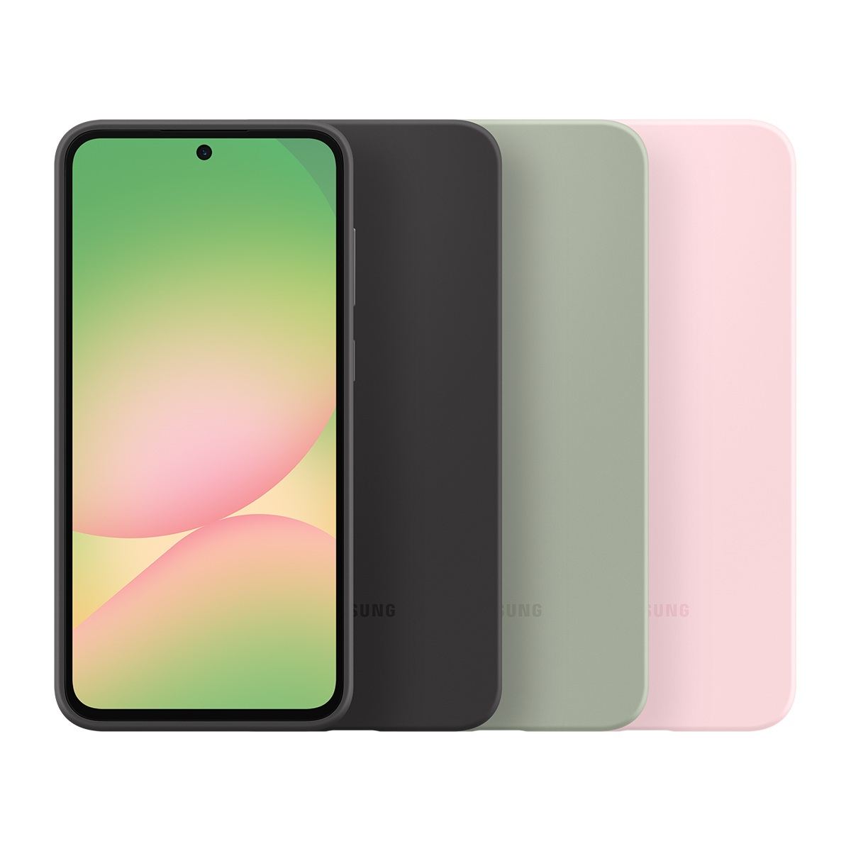 Üç telefon kılıfının yanında akıllı telefon: siyah, yeşil ve pembe. Ekran gradyanlı.