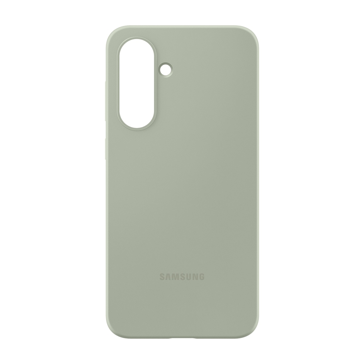 Açık yeşil bir Samsung telefon kılıfı. Kamera ve düğmeler için açıklıkları var. Samsung logosu altta.