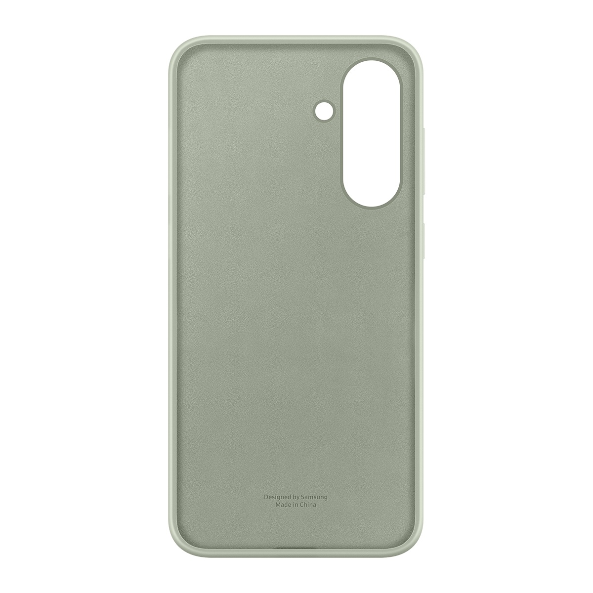 Kamera açıklığı ve Samsung logosu olan açık ye şil telefon kılıfı. Metin: Designed by Samsung, Made in China.